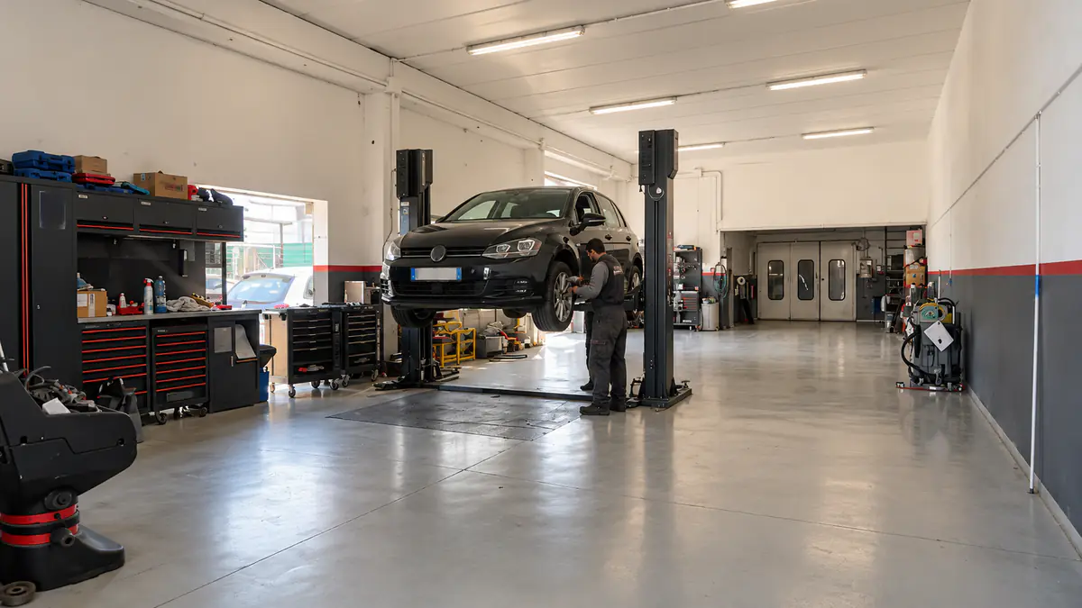 Auto sul ponte sollevatore nell'officina meccanica