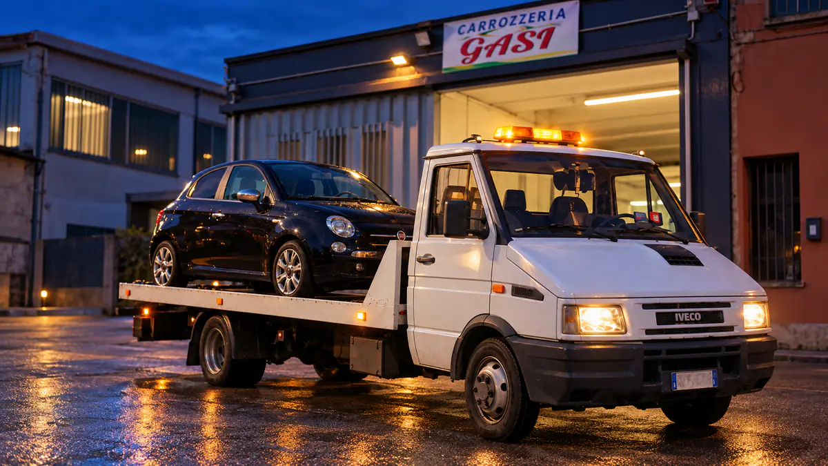 Il carro attrezzi Gasi di notte, con un'auto caricata, davanti all'insegna